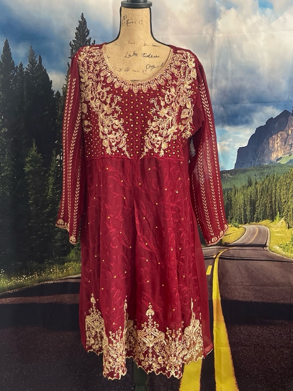Women's Long Sleeve Pakistani Indian Embroidered Burgundy Dress with Gold Detail